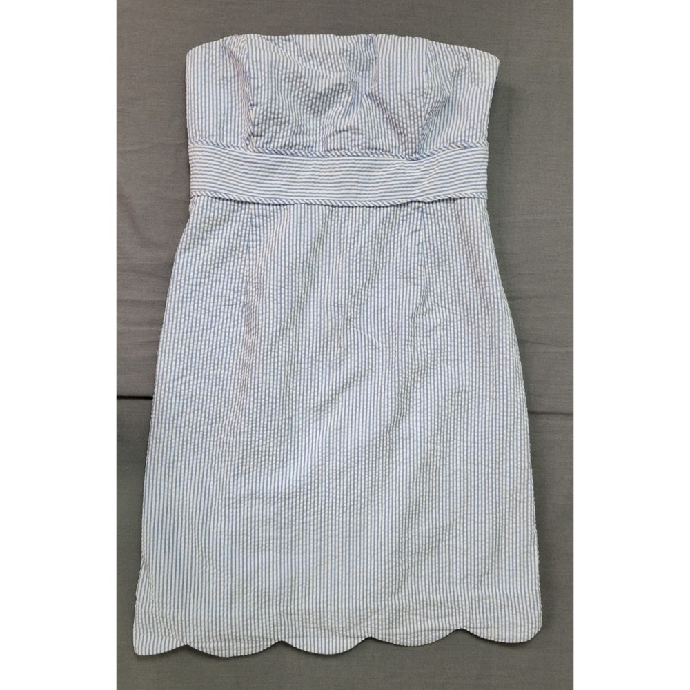 Vineyard Vines Womens Strapless Seersucker Striped Dress‎ Scalloped Hem Sz 2